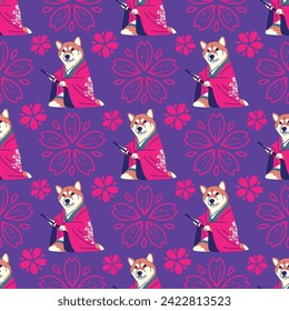 SHIBA DOG IS WEARING YUKATA WITH SAKURA FLOWER SEAMLESS PATTERN