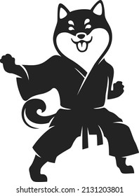 Shiba Dog Wears Martial Art Uniform Performing Karate Stances