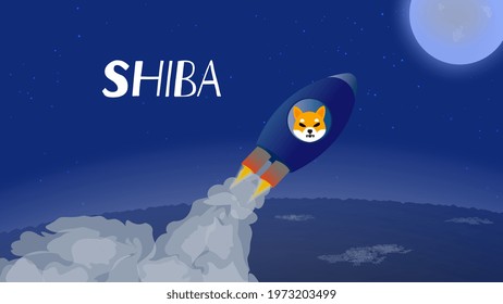 Shiba flies to the moon in spaceship. Rocket with a dog's muzzle takes off from the ground and rushes upward. Symbolizes the Shiba Inu SHIB or DOGE project. Vector illustration.