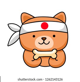 Shiba. Funny cartoon little dog with bone. Cute  doggy muzzle. Sticker, patch, badge, pin for kids, children, babies. Vector illustration.