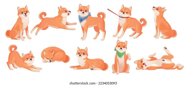 Shiba inu. Anime kawaii dogs, cartoon shiba-inu puppy sticker bark japan manga dog activities fur pet poses standing sitting sleeping stretch, set ingenious vector illustration of character cartoon