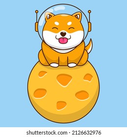 shiba inu astronaut doge siting in the moon vector illustration