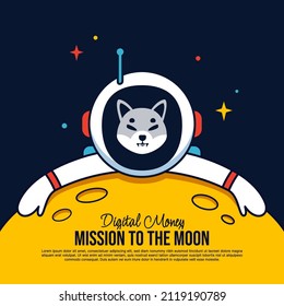 Shiba inu Astronaut hugging the Moon cartoon background, Mission to the moon background, Cryptocurrency mining and financial concept