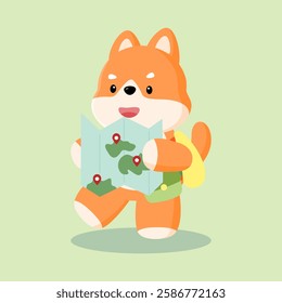 Shiba Inu with a backpack and map: A Shiba Inu dog wearing a backpack, holding a map, and walking forward, ready for an adventure. This image represents the spirit of exploration and travel.