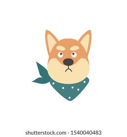 Shiba inu buddy dogs funny face with bandana flat cartoon vector illustration isolated on white background. Cute attractive puppy animal character for prints and nursery.