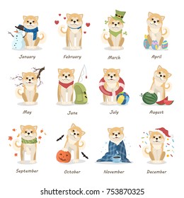 Calendario Shiba inu con todos los meses. Perro cómico.