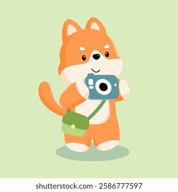 Shiba Inu with a camera: A Shiba Inu holding a camera, capturing memories of its travel adventure. This image represents a curious traveler documenting its journey.