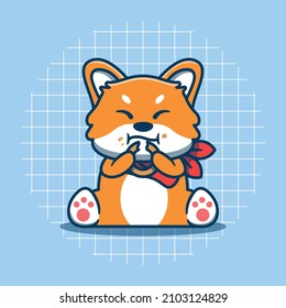 Shiba Inu cartoon character eating cake. Vector illustration of an animal. Great for stickers, logos, icons and more. Isolated cute dog concept.