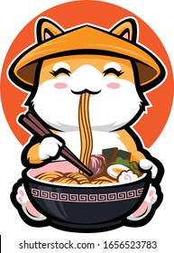 Shiba inu with cartoon style eating ramen