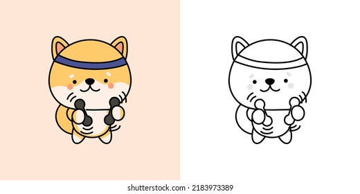 Shiba Inu Clipart Multicolored and Black and White.  Beautiful Clip Art Shiba Dog Sportsman. Vector Illustration of a Kawaii Shiba Inu Puppy for Prints for Clothes, Stickers, Coloring Pages.
