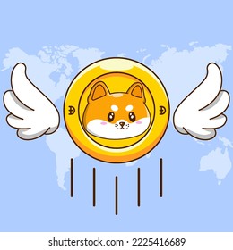 shiba inu coin wings world map up price cartoon style template vector