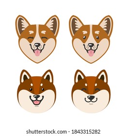 Shiba Inu and Corgi. Vector happy dog. The head of a pet in front.
