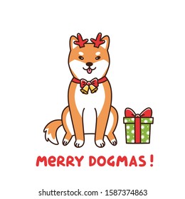 Shiba inu in the costume of a deer, assistant Santa Claus. Merry Dogmas - wordplay, meaning Merry Christmas. It can be used for sticker, patch, card, poster, t-shirt, mug and other design.