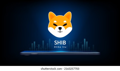 El símbolo (token) de la moneda criptográfica de Shiba Inu sale del smartphone. Icono de moneda en fondo oscuro. Comercialización de criptodivisa en el mercado de valores a solicitud. Para sitio web o banner. Ilustrador de vectores.