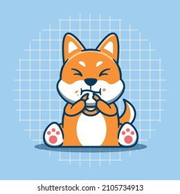 Shiba inu cute dog character eating cake vector illustration. Isolated flat animal cartoon concept.
