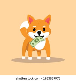 Shiba Inu Dog Biting Dollar