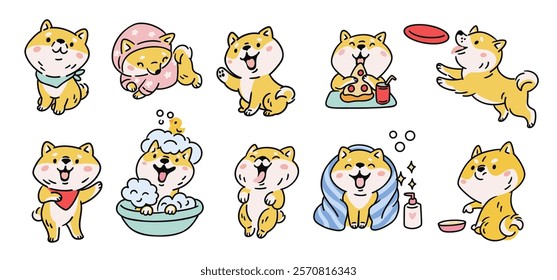 Shiba Inu dog. Cartoon funny pet. Kawaii kawaii characters. Red haired purebred mammal playing. Japanese canine breed. Akita ken cute puppy. Happy animals activities