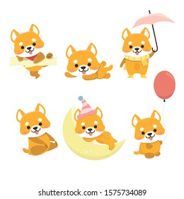 Shiba Inu Dog Cartoon Set Vector.
