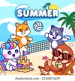 Shiba Inu Perro, Gato, Mono, Unicornio Jugando En Verano 
Ilustración del icono del Vector de dibujos animados de temporada. Icono de Naturaleza animal
Concepto Vector Premium aislado. Estilo plano de la historieta