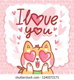 Shiba Inu dog character madly in love with heart eyes and lettering text: I love you. Cute romantic hand drawn illustration in cartoon style for greeting card, invitation