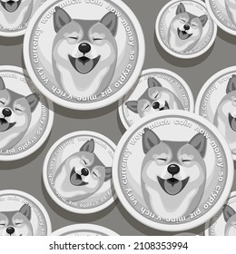 Shiba Inu. Dog coin sample on a gray background. Meme tokens. Symbol digital currency. Pattern. 