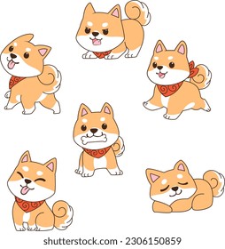 shiba inu dog cute cartoon set 