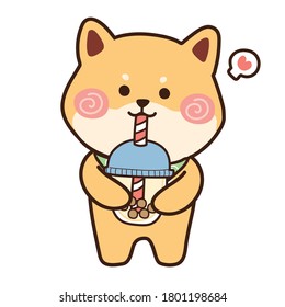 Shiba inu dog drinking bubble milk tea.Cute animal cartoon design.Kawaii.Image for card,sticker,baby product.Vector.Illustration.