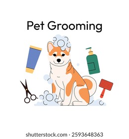 Shiba Inu dog during grooming. The playful pup sits covered in soap bubbles, surrounded by scissors, shampoo, and a brush. Clean and modern design, perfect for pet care. Vector illustration