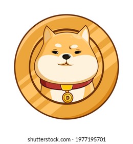 Shiba Inu dog head on a coin. Digital currency. Vector illustration in cartoon style. Isolated on a white background.