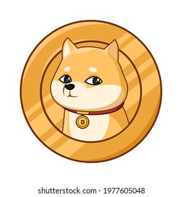 Shiba Inu dog head on a coin. Digital currency. Vector illustration in cartoon style. Isolated on a white background.