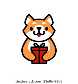 shiba inu dog sostiene regalo de cumpleaños Logo mascota icono del vector personaje