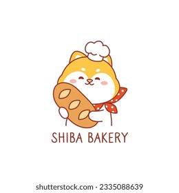 Shiba inu dog holding a bread for logo of bakery.