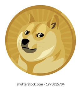 Shiba Inu dog inside golden coin. Breed of hunting dog from Japan. Meme Dog on white background. Symbol of DogeCoin. Vector illustration