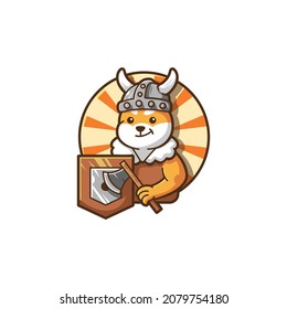 Shiba inu dog logo mascot with viking theme. Dog vikings vector illustration. Cute dog pose.