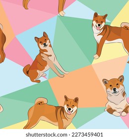 Shiba Inu dog on a mosaic geometric background. Funky, colorful vibe, rainbow colors palette. Simple, clean, modern texture. Geometric, polygon style. Summer seamless pattern with dogs.Triangles.