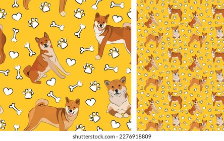 Shiba Inu Hund auf spielerisch gelbem Hintergrund mit Knochen und Klauen. Funky, bunter, lebhafte Palette. Einfache, saubere, moderne Textur. Sommernahtloses Muster mit Hunden. Geburtstagsgeschenk. Gehörkarte.