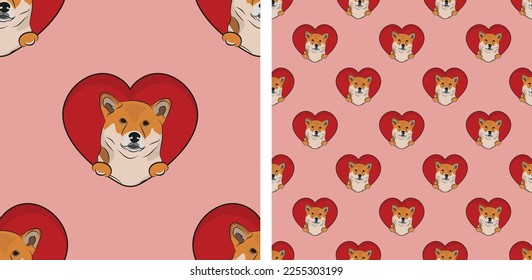 Shiba Inu dog with paws pattern, Valentine's day red heart wallpaper. Love heart with pet head holiday texture. Dog face Holding Heart Cartoon square background. St Valentine's day present paper.