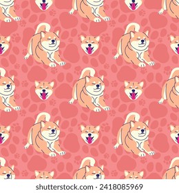 SHIBA INU WITH DOG PAWS SEAMLESS PATTERN