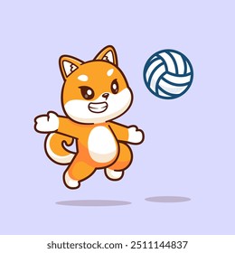 Shiba Inu Hund spielen Volleyball Cartoon Vektorsymbol-Illustration. Animal Sport Icon Konzept isolierte Premium-Vektor. Flacher Cartoon-Stil