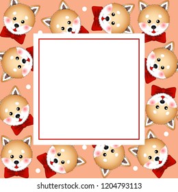 Shiba Inu Dog with Red Ribbon. on White Polka dot Orange Banner Card. Vector Illustration.