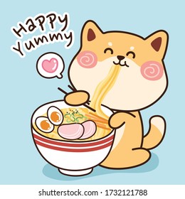 Shiba Inu Dog Sit And Eating Ramen.Animal Cartoon.Japanese Food.Doodle.Hand Drawn.Kawaii.Kid Graphic.Happy Yummy Text.Vector.Illustration.