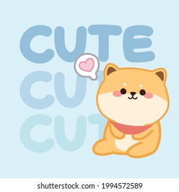 Shiba inu dog sitting on cute text blue background.Cartoon character design.Kid graphic.Japanese pet.Greeting.Smile face.Card.Love.Kawaii.Vector.Illustration.Illustrator.