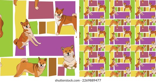 Shiba Inu dog summer bright wallpaper. Holiday abstract shapes square seamless background, repeatable pattern. Birthday wallpaper, Christmas present, print tiles. Simple puzzle with dogs, pet lovers. 