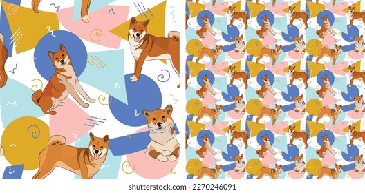 Shiba Inu dog summer pastel wallpaper. Holiday abstract circles, squares, spirals, confetti. seamless background, repeatable pattern. Birthday wallpaper, Christmas present, print tiles.Geometric style