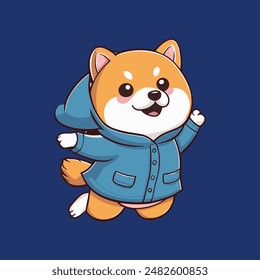 shiba inu dog wearing blue jacket cartoon illustration