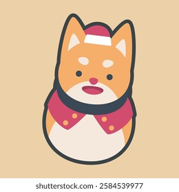 Shiba inu dog wearing santa hat with outline flat vector design.