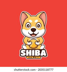 Shiba Inu Doge Sitting with Coin Cartoon Creative Logo Design