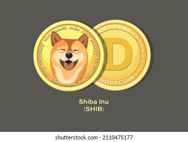 Shiba Inu. Dogecoin cryptocurrency. Set. Meme tokens. Cryptocurrency Isolated on dark background. 