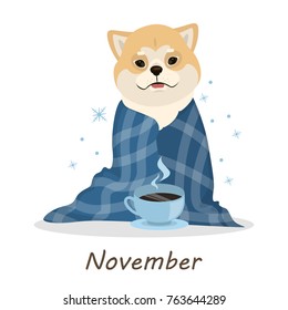 Shiba Inu dogs calendar. November month with dog in blanket with hot coffee.