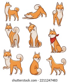 Shiba inu dogs character collection. Playful pet in various poses set. Hand drawn vector sticker. Cute and funny dog